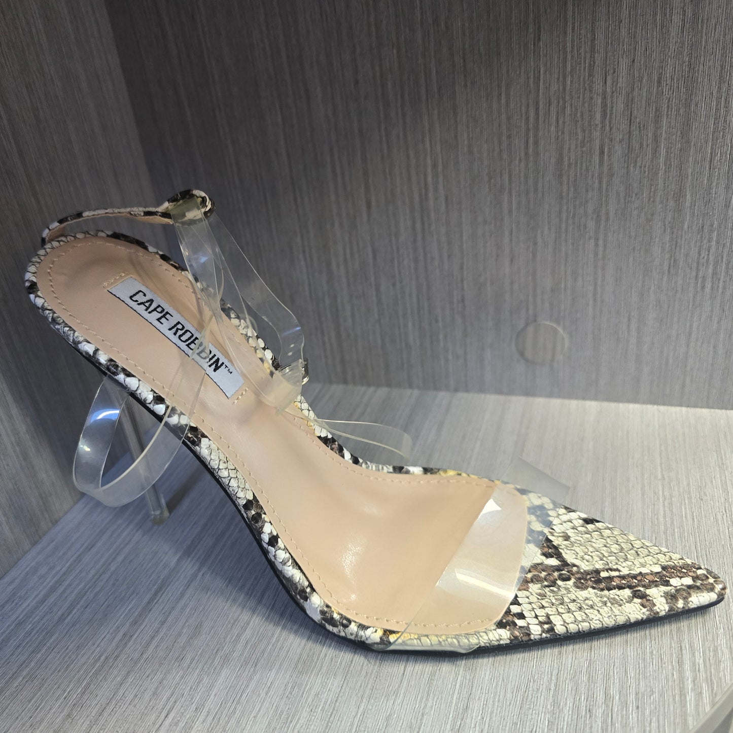 Clear Crossover Snake Print Heel