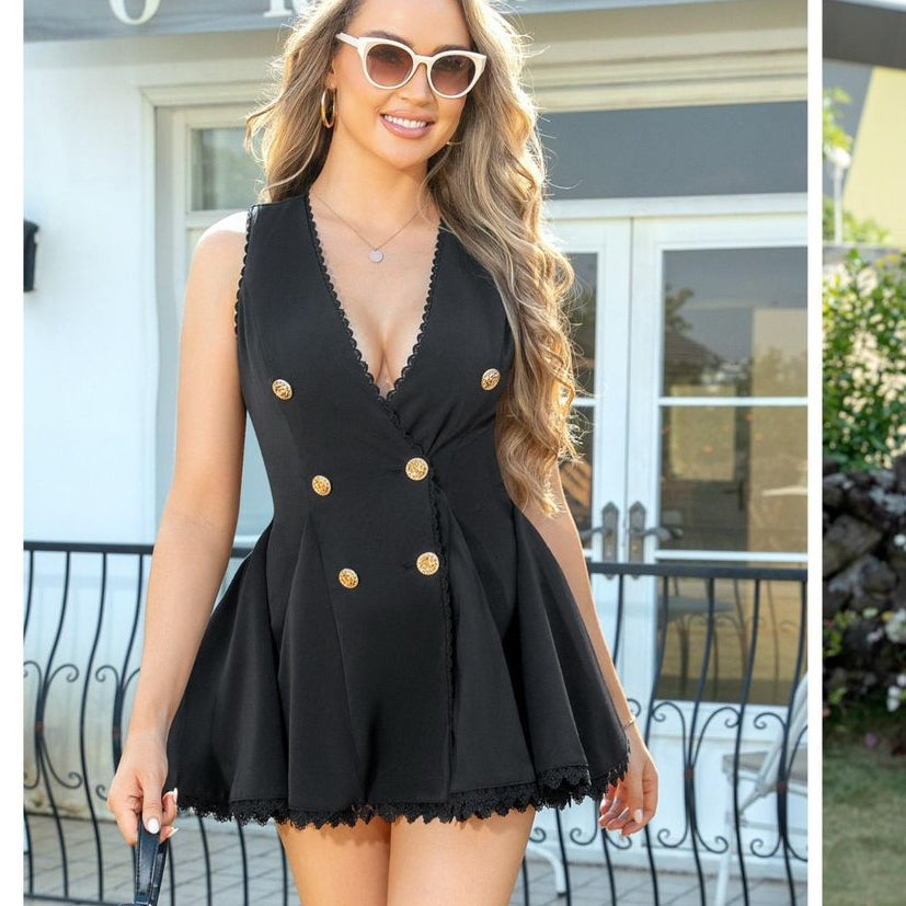 Black Gold Button Mini Dress